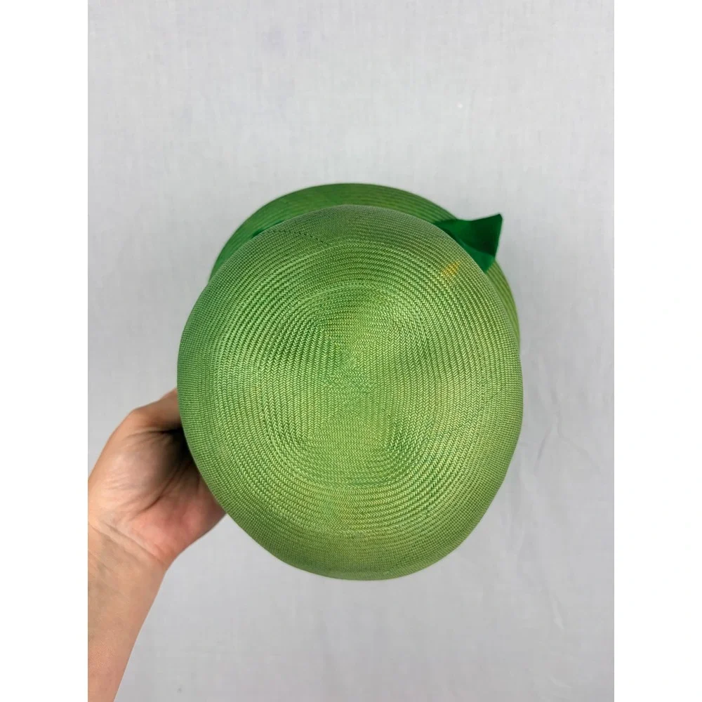 Vintage Jan Leslie Custom Design Green Straw Cloche Hat with Large Bow Accent